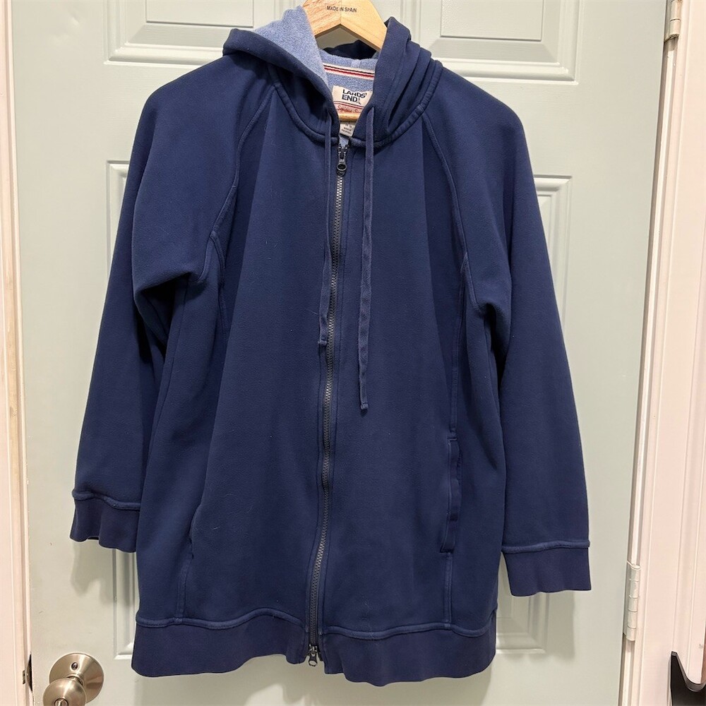 Lands’ End Serious Sweats Hoodie Womens Size L Navy Full Zip Terry Lined